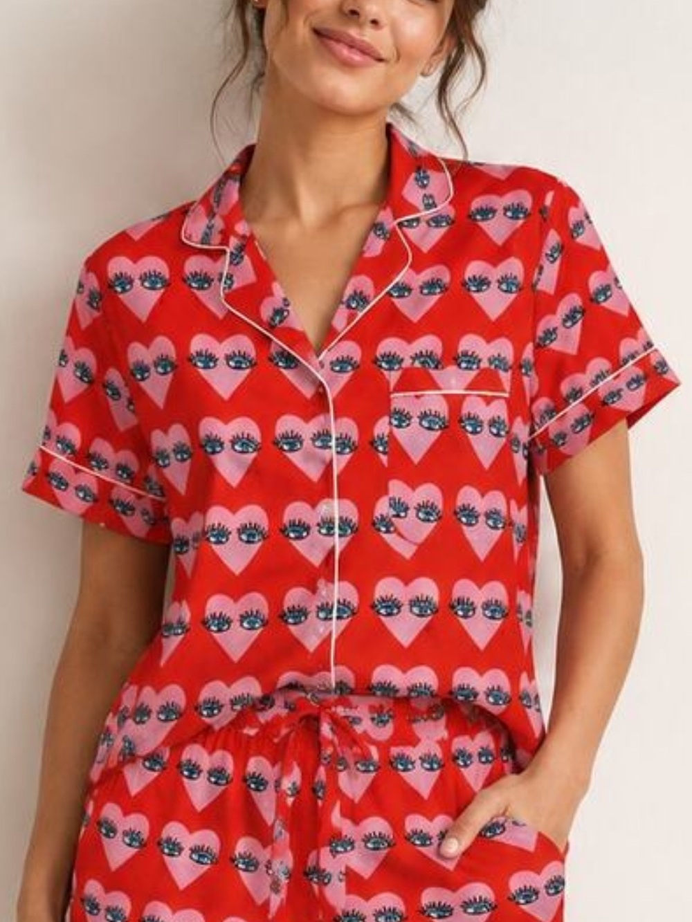 SOUFFANTS & ROKEN HEARTS Heart Eye Printed Red Short Sleeve Pajama Top S